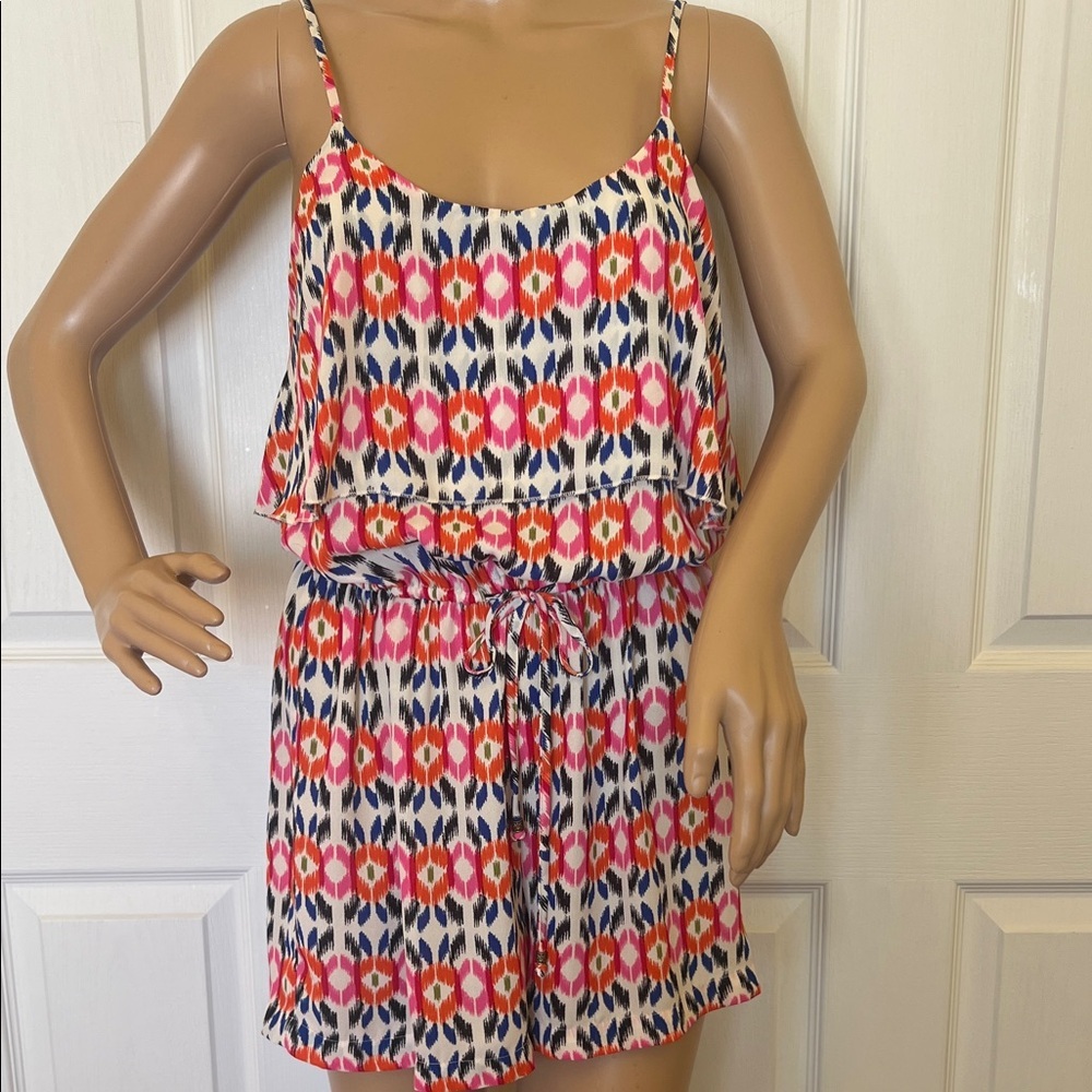 Daniel Rainn Sleeveless Ikat Romper in Pink, Coral & Navy